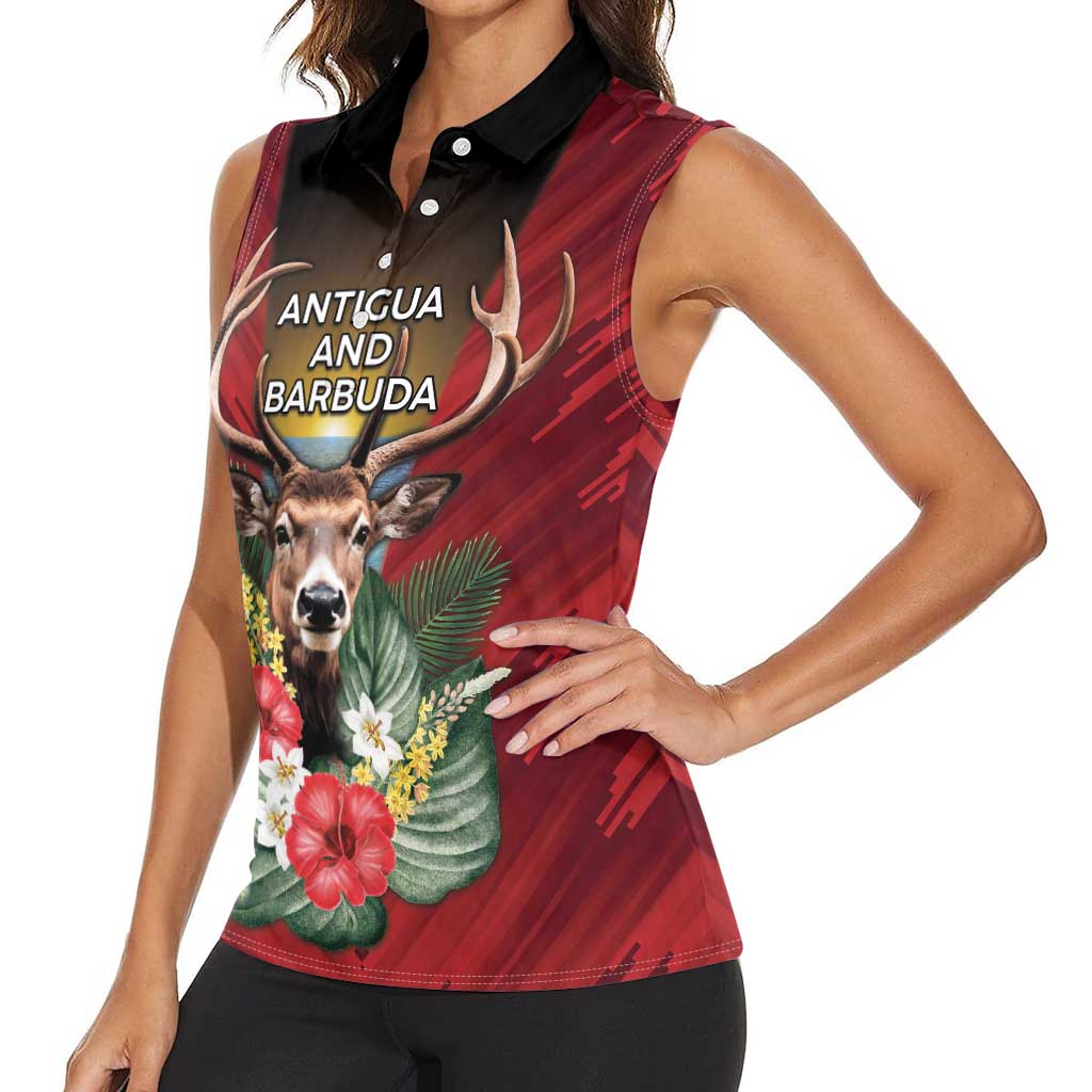 Personalized Antigua and Barbuda Women Sleeveless Polo Shirt Tropical Flowers Stag Deer - Wonder Print Shop