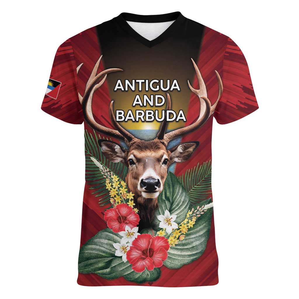 Personalized Antigua and Barbuda Women V-Neck T-Shirt Tropical Flowers Stag Deer - Wonder Print Shop