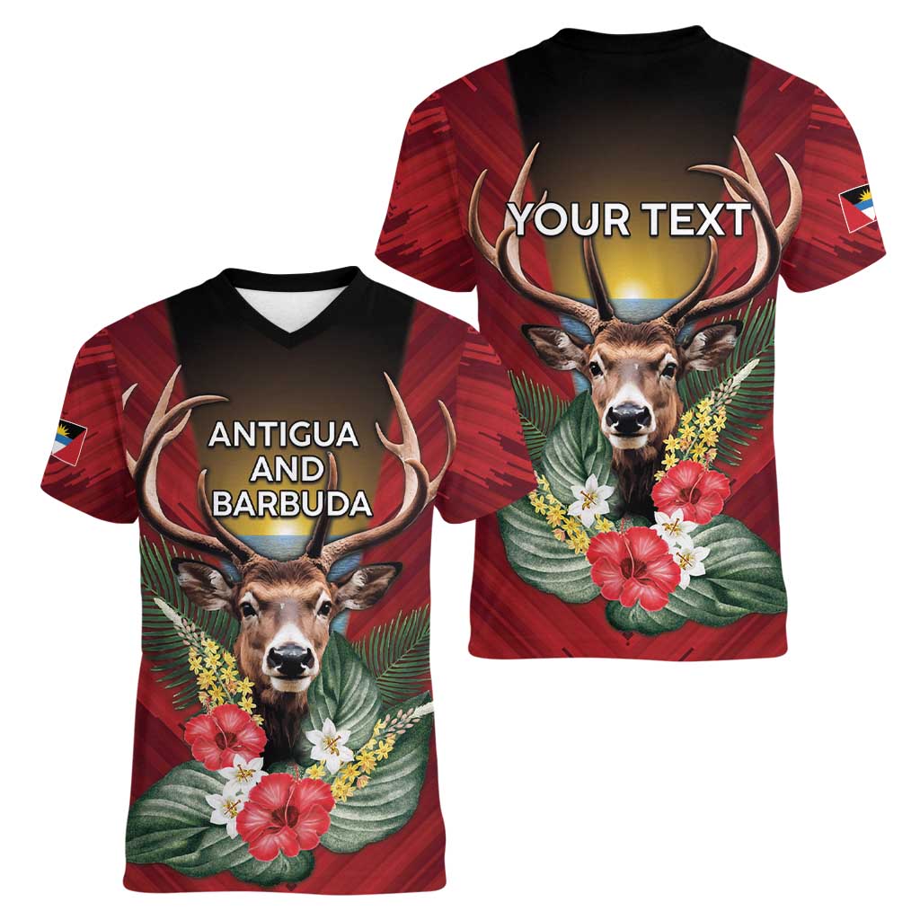 Personalized Antigua and Barbuda Women V-Neck T-Shirt Tropical Flowers Stag Deer - Wonder Print Shop