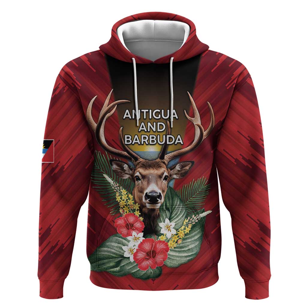 Personalized Antigua and Barbuda Zip Hoodie Tropical Flowers Stag Deer - Wonder Print Shop