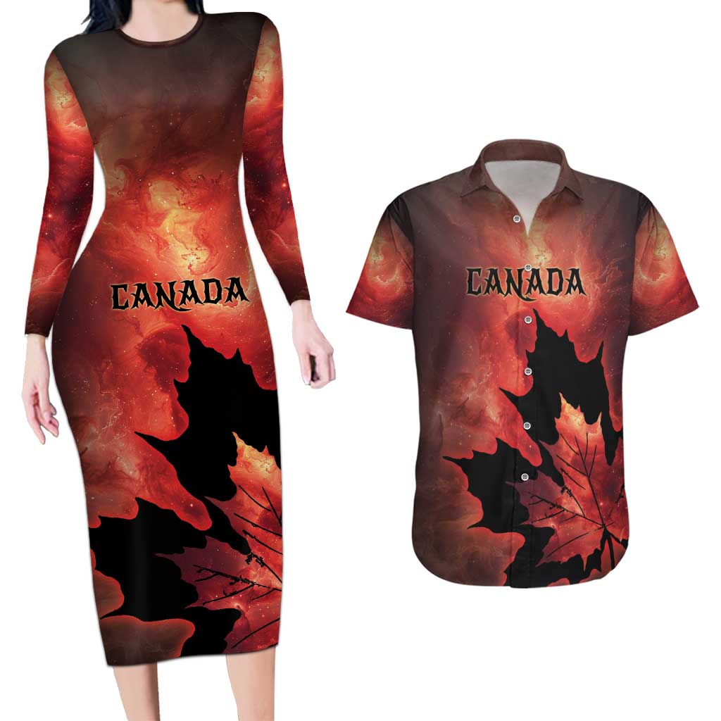 Personalized Canada Maple Leaf Couples Matching Long Sleeve Bodycon Dress and Hawaiian Shirt Red Galaxy Style - Wonder Print Shop
