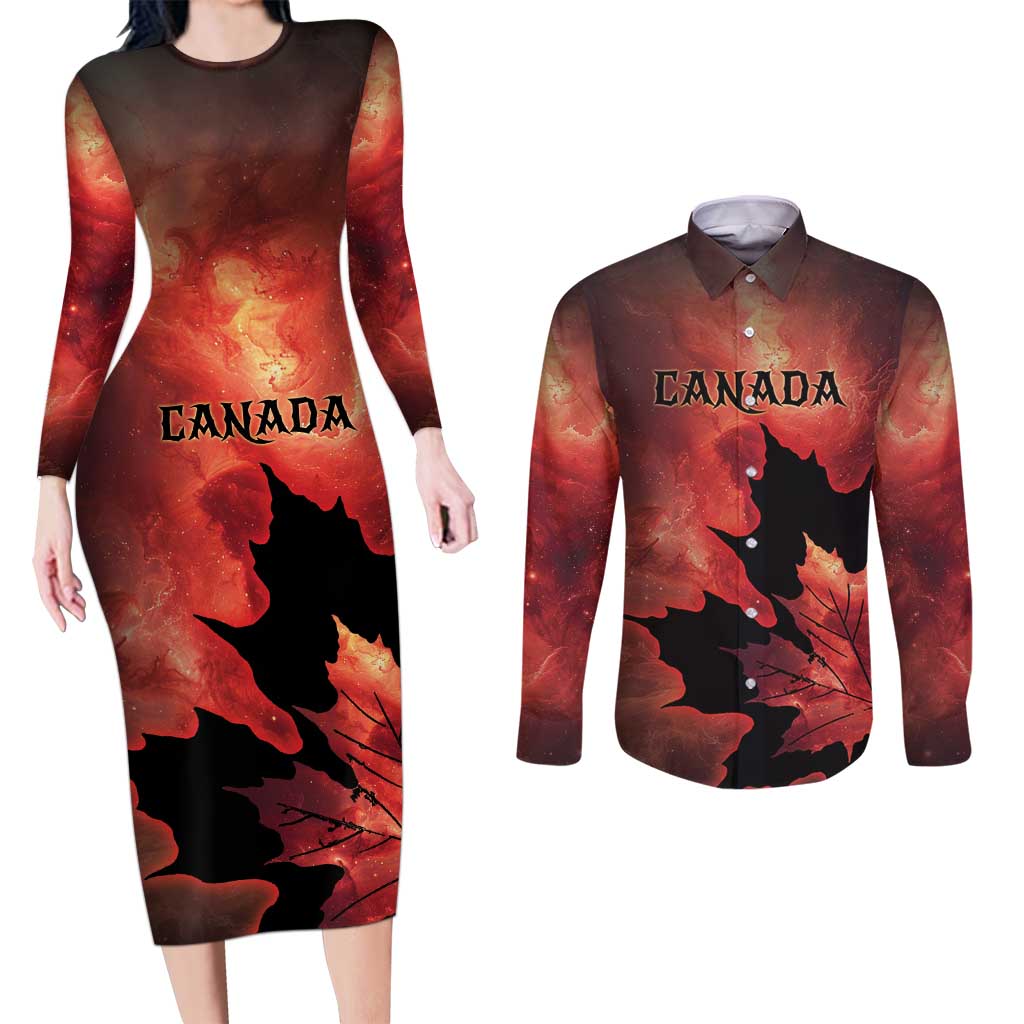 Personalized Canada Maple Leaf Couples Matching Long Sleeve Bodycon Dress and Long Sleeve Button Shirt Red Galaxy Style - Wonder Print Shop