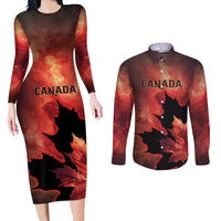 Personalized Canada Maple Leaf Couples Matching Long Sleeve Bodycon Dress and Long Sleeve Button Shirt Red Galaxy Style - Wonder Print Shop