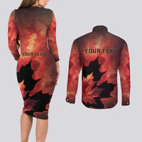 Personalized Canada Maple Leaf Couples Matching Long Sleeve Bodycon Dress and Long Sleeve Button Shirt Red Galaxy Style - Wonder Print Shop