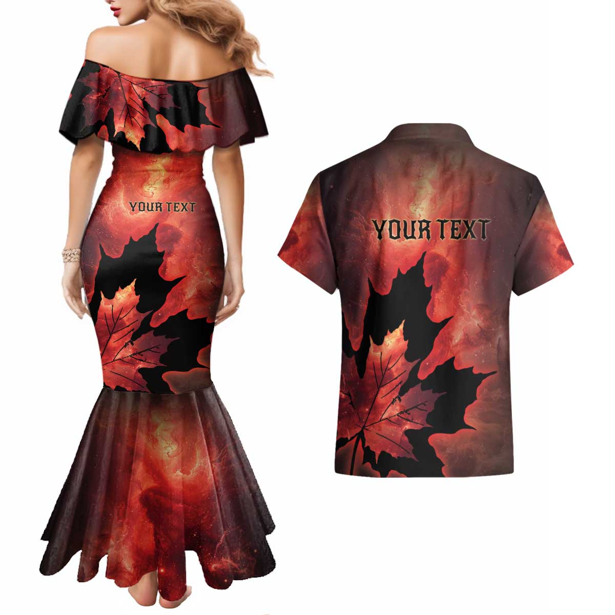 Personalized Canada Maple Leaf Couples Matching Mermaid Dress and Hawaiian Shirt Red Galaxy Style - Wonder Print Shop