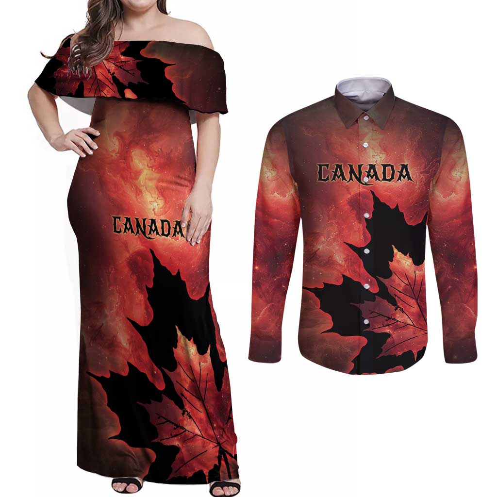 Personalized Canada Maple Leaf Couples Matching Off Shoulder Maxi Dress and Long Sleeve Button Shirt Red Galaxy Style - Wonder Print Shop