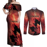 Personalized Canada Maple Leaf Couples Matching Off Shoulder Maxi Dress and Long Sleeve Button Shirt Red Galaxy Style - Wonder Print Shop