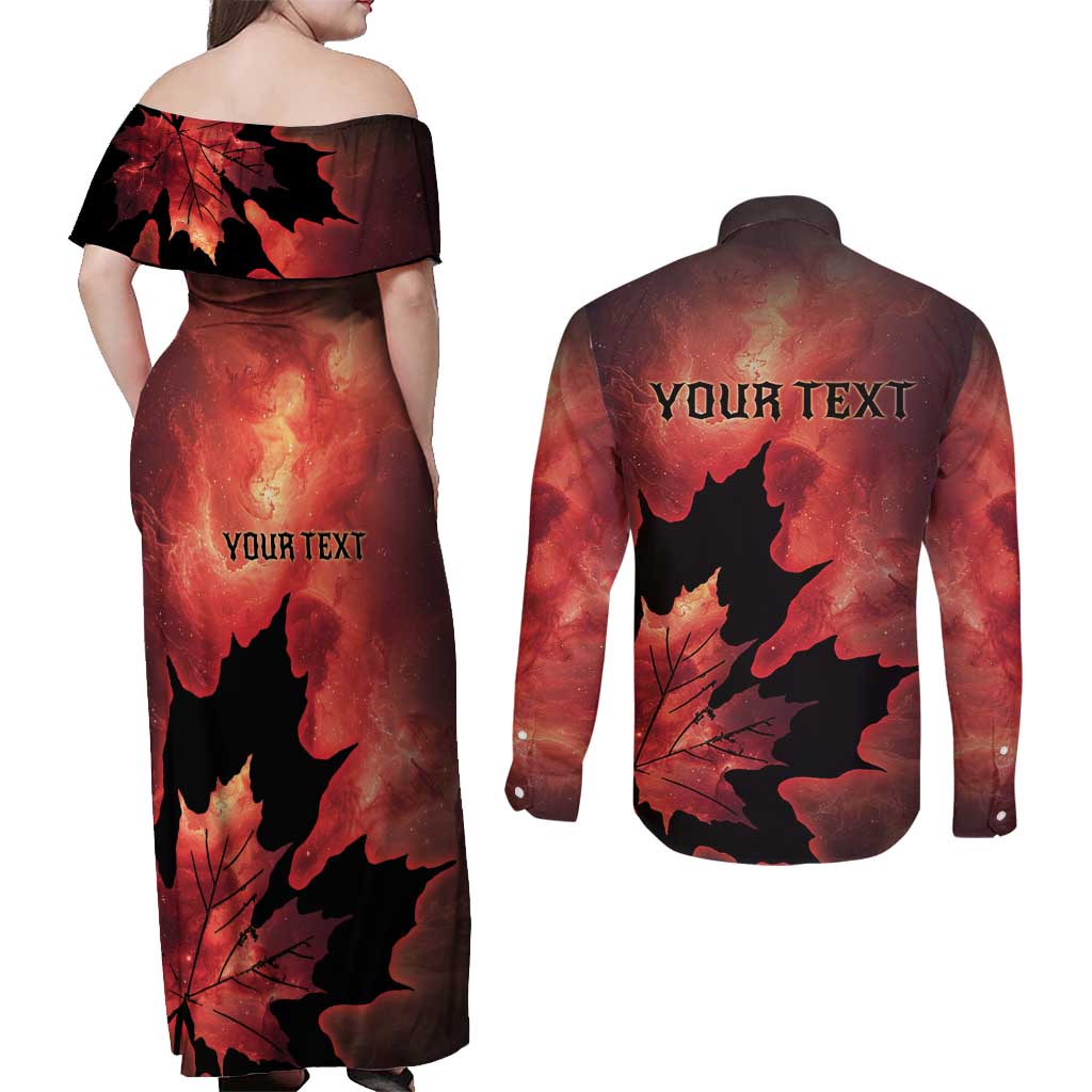 Personalized Canada Maple Leaf Couples Matching Off Shoulder Maxi Dress and Long Sleeve Button Shirt Red Galaxy Style - Wonder Print Shop