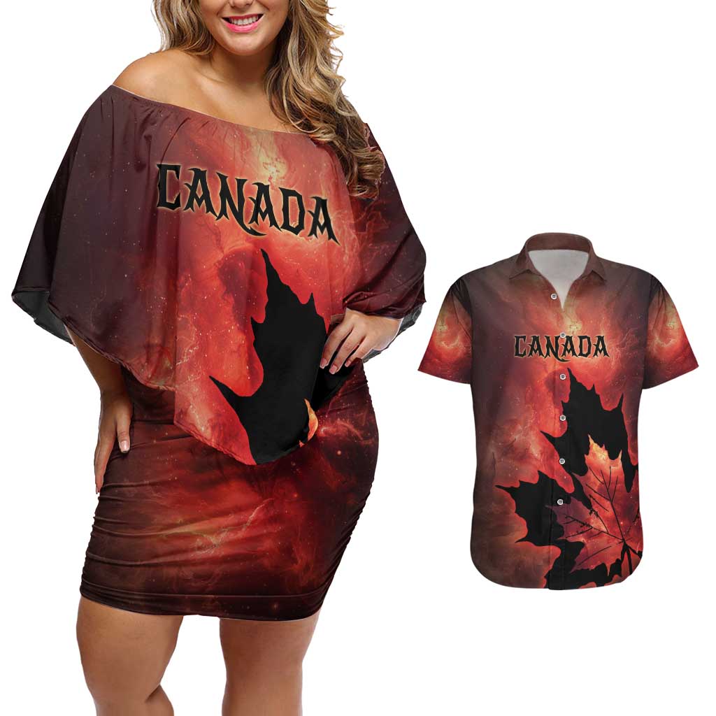 Personalized Canada Maple Leaf Couples Matching Off Shoulder Short Dress and Hawaiian Shirt Red Galaxy Style - Wonder Print Shop