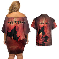 Personalized Canada Maple Leaf Couples Matching Off Shoulder Short Dress and Hawaiian Shirt Red Galaxy Style - Wonder Print Shop