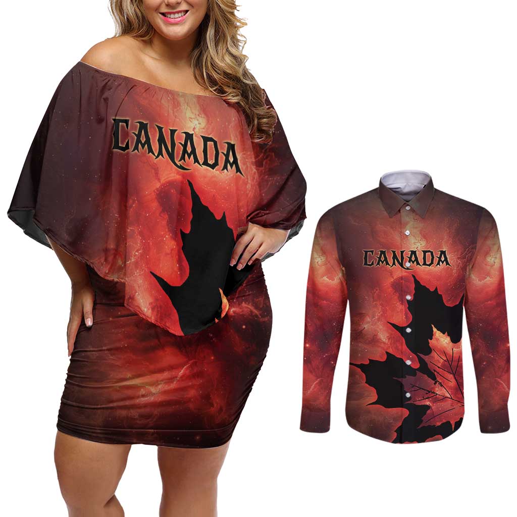 Personalized Canada Maple Leaf Couples Matching Off Shoulder Short Dress and Long Sleeve Button Shirt Red Galaxy Style - Wonder Print Shop