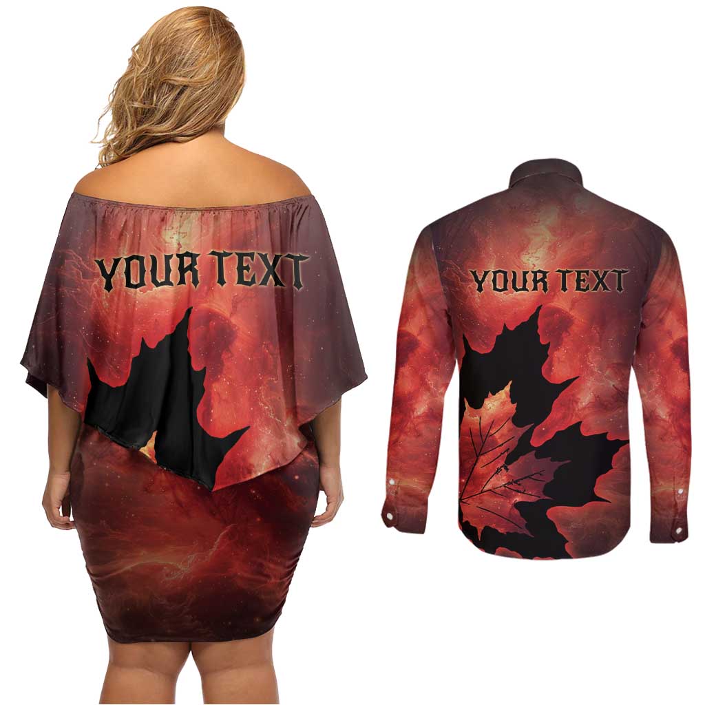 Personalized Canada Maple Leaf Couples Matching Off Shoulder Short Dress and Long Sleeve Button Shirt Red Galaxy Style - Wonder Print Shop