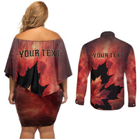 Personalized Canada Maple Leaf Couples Matching Off Shoulder Short Dress and Long Sleeve Button Shirt Red Galaxy Style - Wonder Print Shop