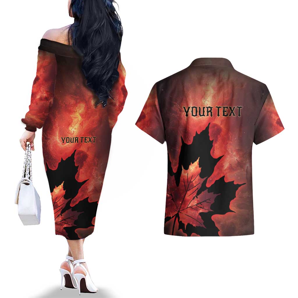 Personalized Canada Maple Leaf Couples Matching Off The Shoulder Long Sleeve Dress and Hawaiian Shirt Red Galaxy Style - Wonder Print Shop