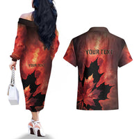 Personalized Canada Maple Leaf Couples Matching Off The Shoulder Long Sleeve Dress and Hawaiian Shirt Red Galaxy Style - Wonder Print Shop