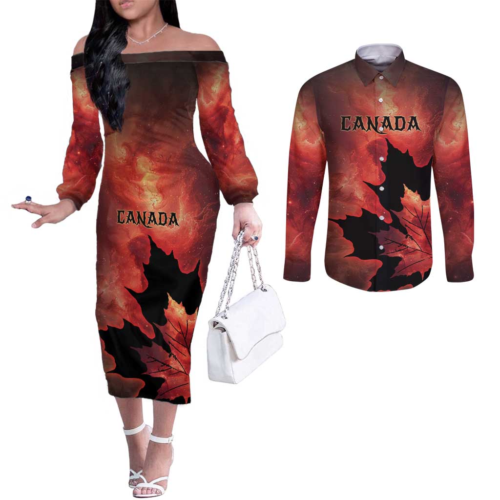 Personalized Canada Maple Leaf Couples Matching Off The Shoulder Long Sleeve Dress and Long Sleeve Button Shirt Red Galaxy Style - Wonder Print Shop