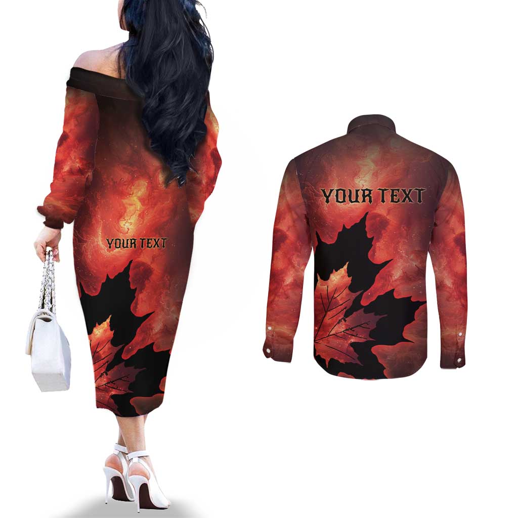Personalized Canada Maple Leaf Couples Matching Off The Shoulder Long Sleeve Dress and Long Sleeve Button Shirt Red Galaxy Style - Wonder Print Shop