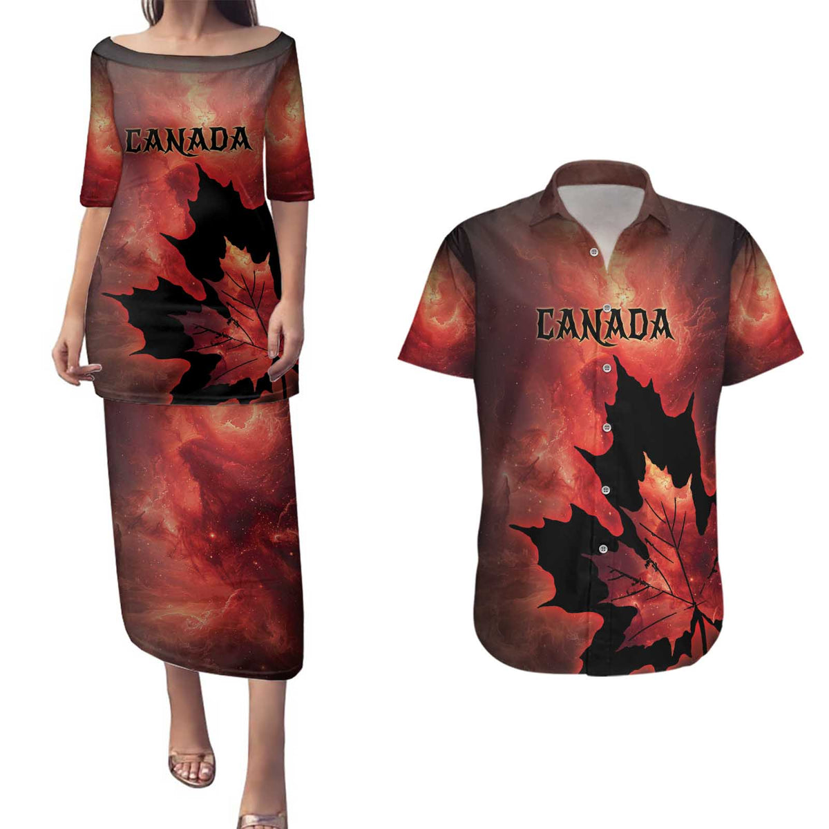 Personalized Canada Maple Leaf Couples Matching Puletasi and Hawaiian Shirt Red Galaxy Style - Wonder Print Shop