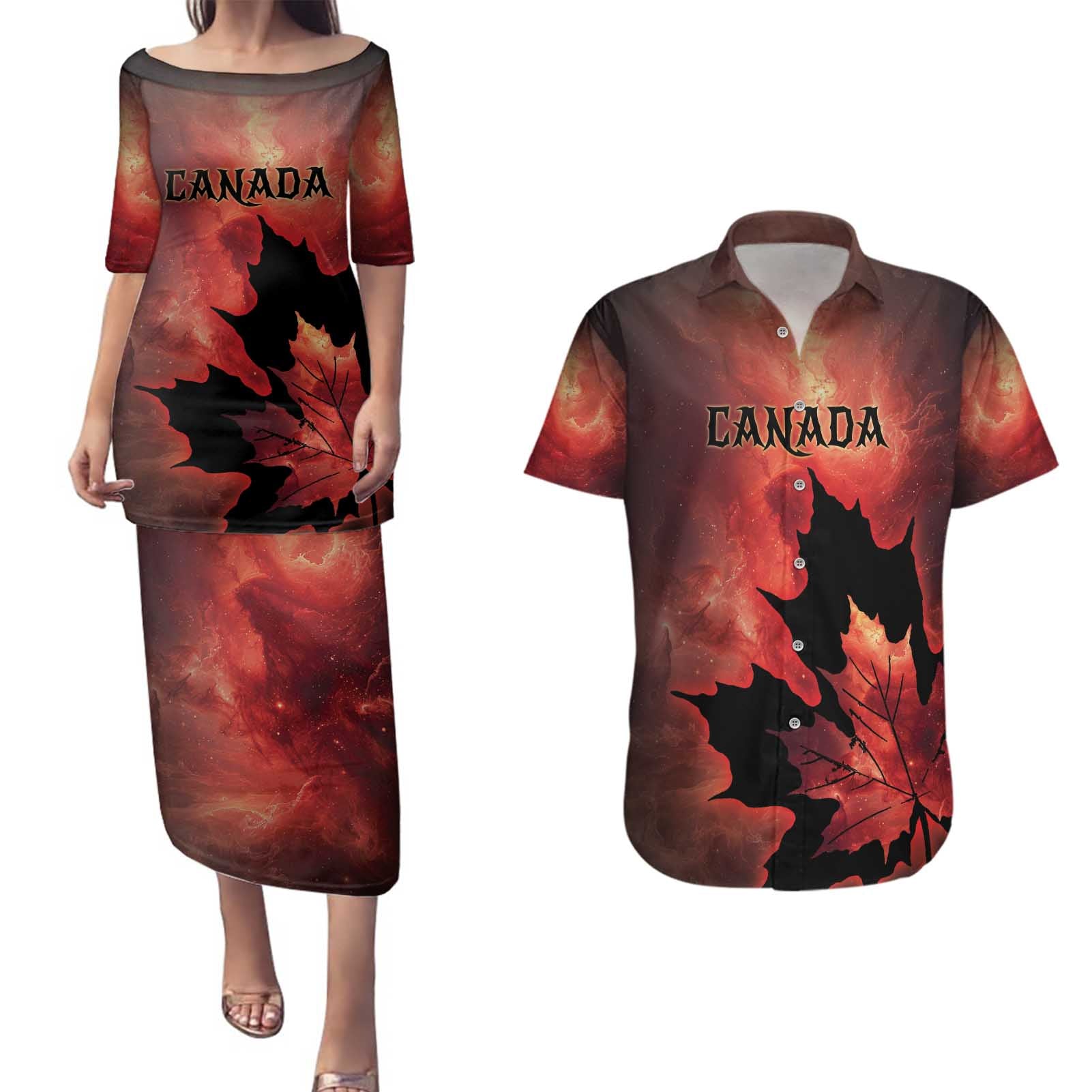 Personalized Canada Maple Leaf Couples Matching Puletasi and Hawaiian Shirt Red Galaxy Style - Wonder Print Shop