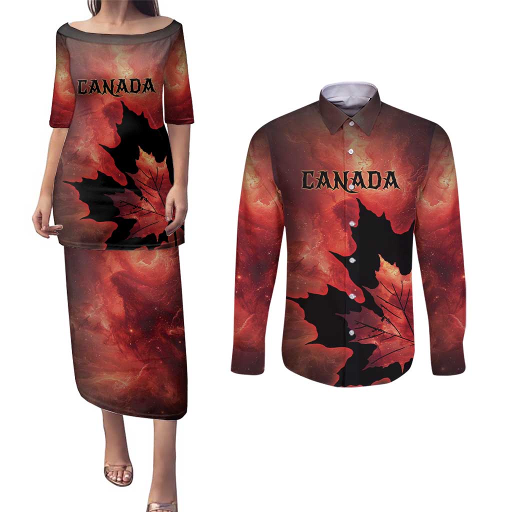 Personalized Canada Maple Leaf Couples Matching Puletasi and Long Sleeve Button Shirt Red Galaxy Style - Wonder Print Shop