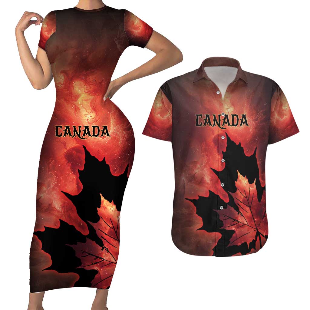 Personalized Canada Maple Leaf Couples Matching Short Sleeve Bodycon Dress and Hawaiian Shirt Red Galaxy Style - Wonder Print Shop