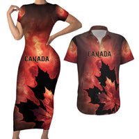 Personalized Canada Maple Leaf Couples Matching Short Sleeve Bodycon Dress and Hawaiian Shirt Red Galaxy Style - Wonder Print Shop