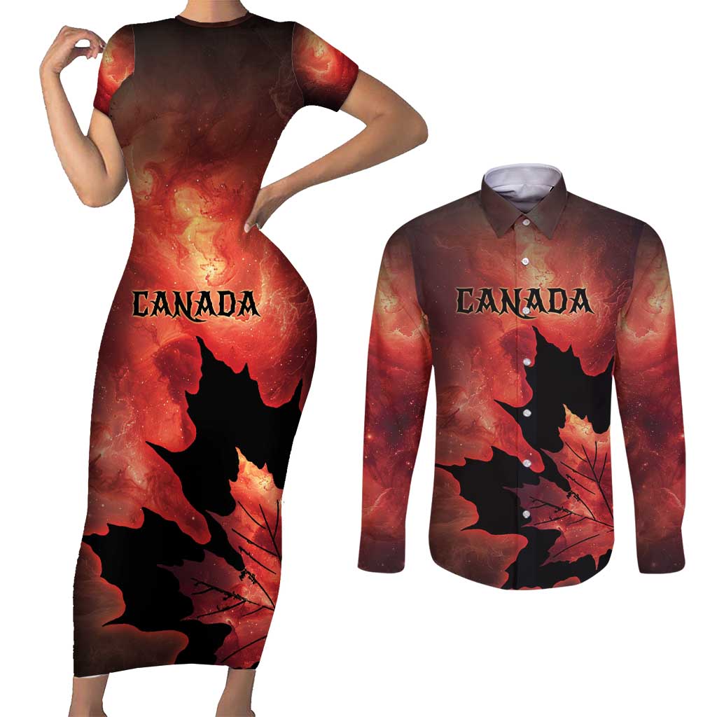 Personalized Canada Maple Leaf Couples Matching Short Sleeve Bodycon Dress and Long Sleeve Button Shirt Red Galaxy Style - Wonder Print Shop
