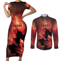 Personalized Canada Maple Leaf Couples Matching Short Sleeve Bodycon Dress and Long Sleeve Button Shirt Red Galaxy Style - Wonder Print Shop