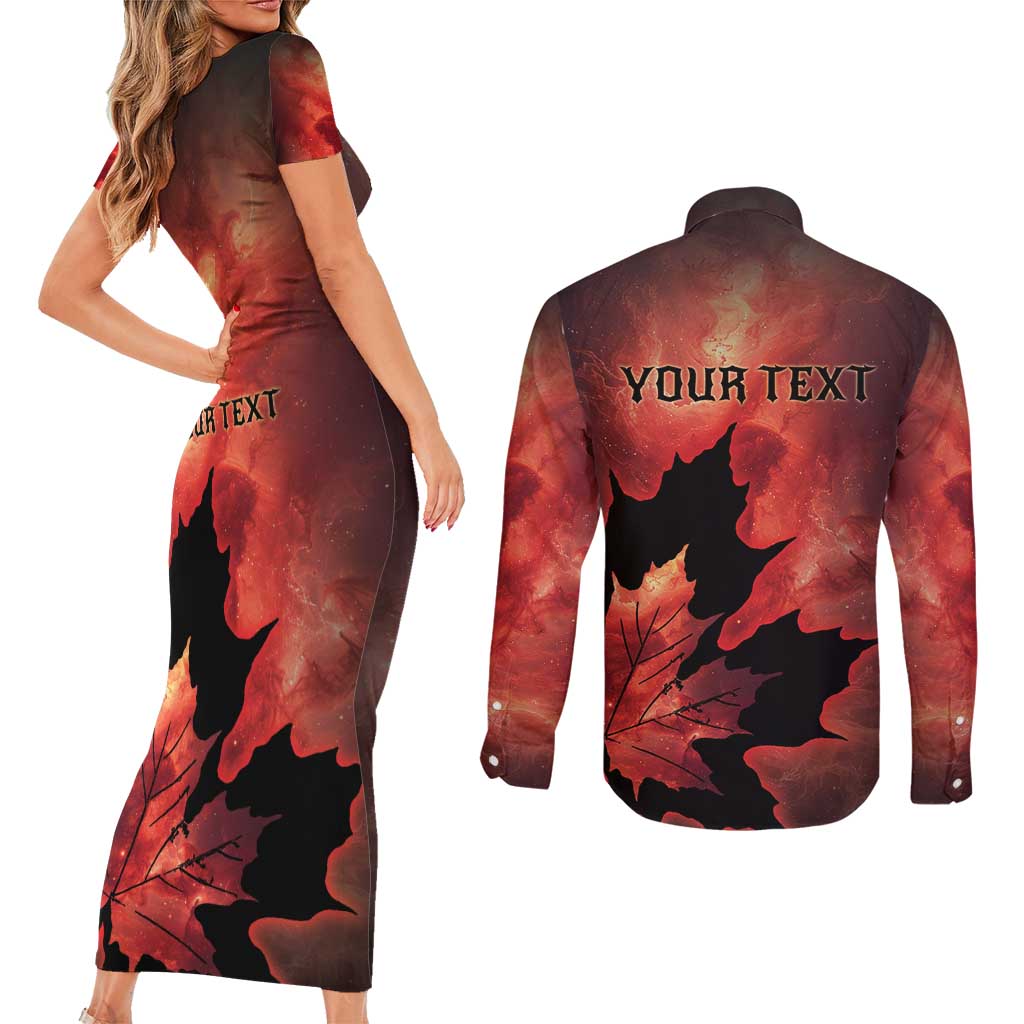 Personalized Canada Maple Leaf Couples Matching Short Sleeve Bodycon Dress and Long Sleeve Button Shirt Red Galaxy Style - Wonder Print Shop