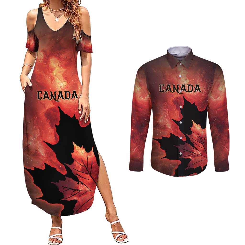 Personalized Canada Maple Leaf Couples Matching Summer Maxi Dress and Long Sleeve Button Shirt Red Galaxy Style - Wonder Print Shop