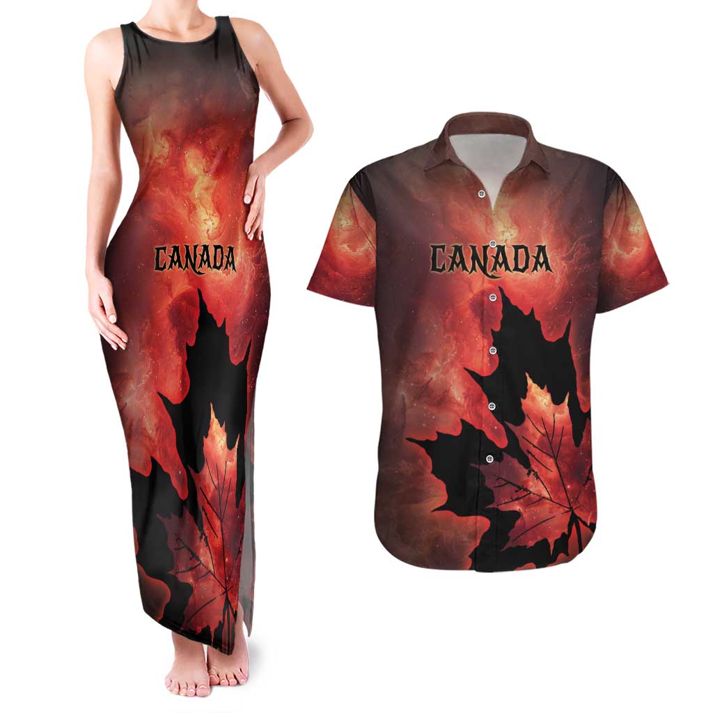 Personalized Canada Maple Leaf Couples Matching Tank Maxi Dress and Hawaiian Shirt Red Galaxy Style - Wonder Print Shop