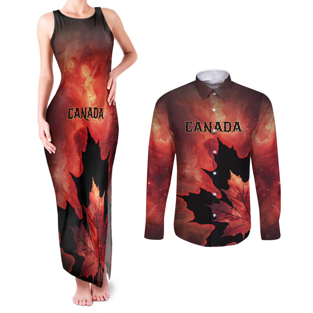 Personalized Canada Maple Leaf Couples Matching Tank Maxi Dress and Long Sleeve Button Shirt Red Galaxy Style - Wonder Print Shop
