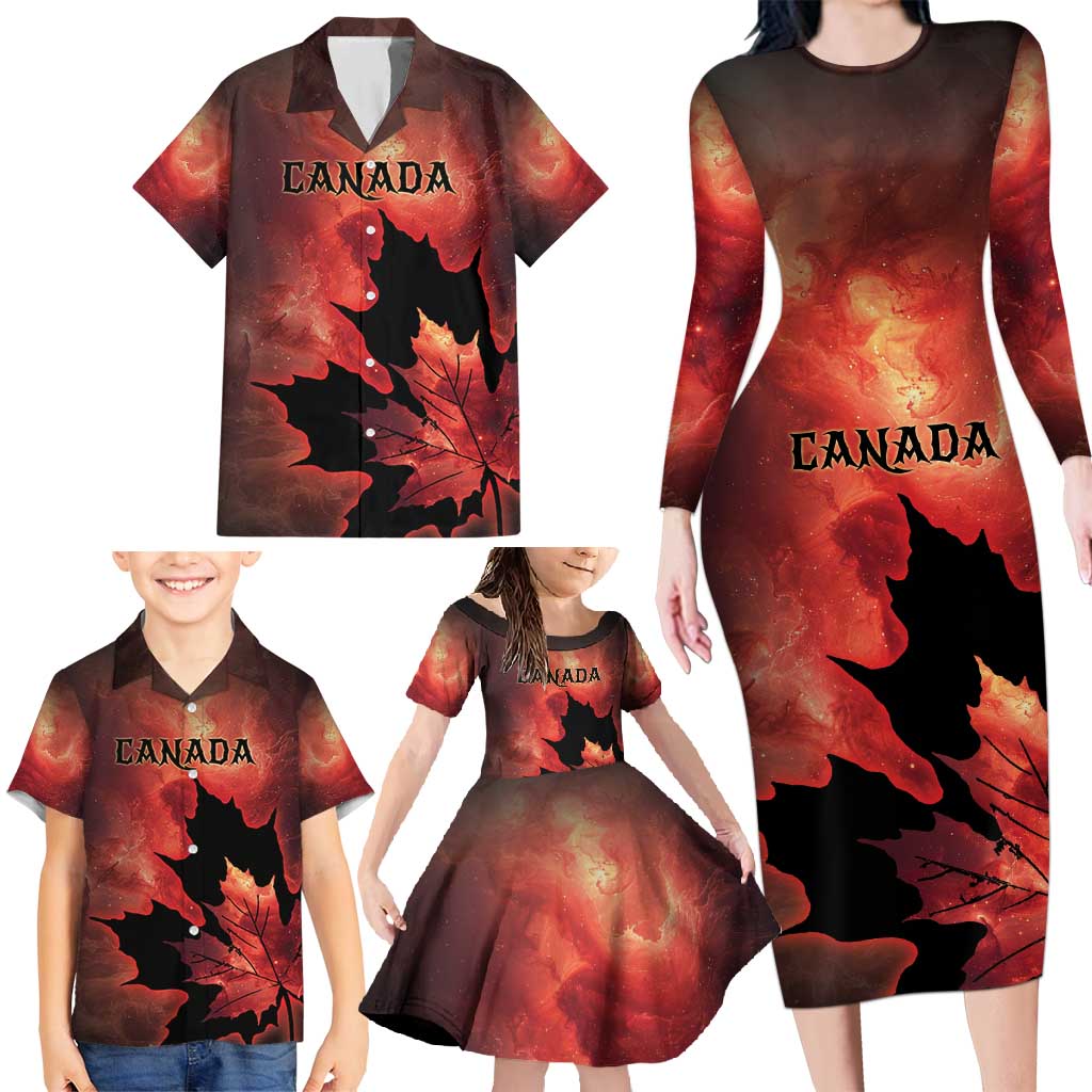 Personalized Canada Maple Leaf Family Matching Long Sleeve Bodycon Dress and Hawaiian Shirt Red Galaxy Style - Wonder Print Shop