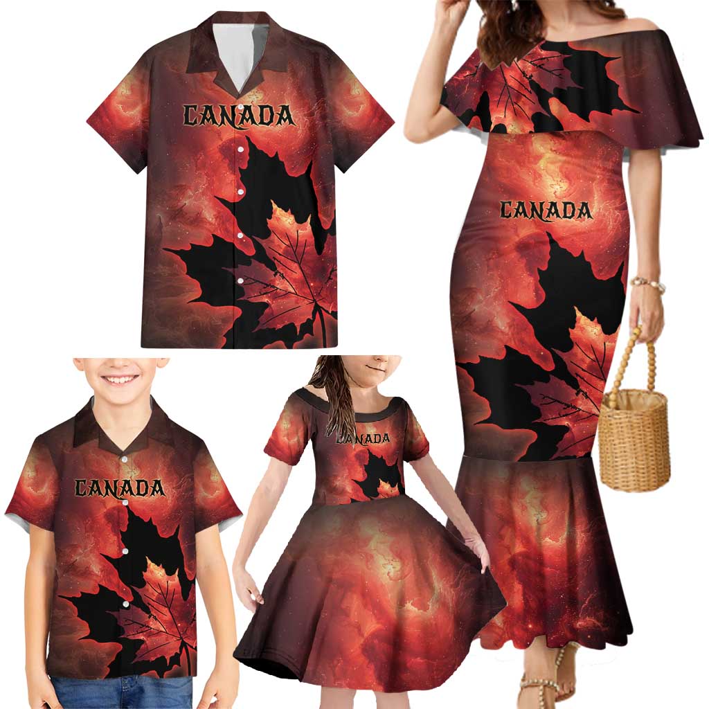 Personalized Canada Maple Leaf Family Matching Mermaid Dress and Hawaiian Shirt Red Galaxy Style - Wonder Print Shop