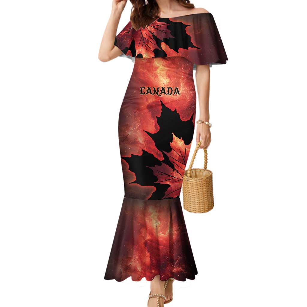 Personalized Canada Maple Leaf Family Matching Mermaid Dress and Hawaiian Shirt Red Galaxy Style - Wonder Print Shop
