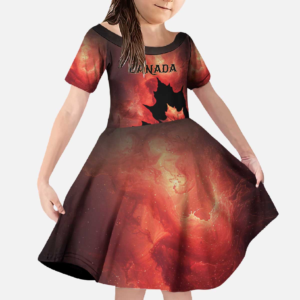 Personalized Canada Maple Leaf Family Matching Off The Shoulder Long Sleeve Dress and Hawaiian Shirt Red Galaxy Style - Wonder Print Shop