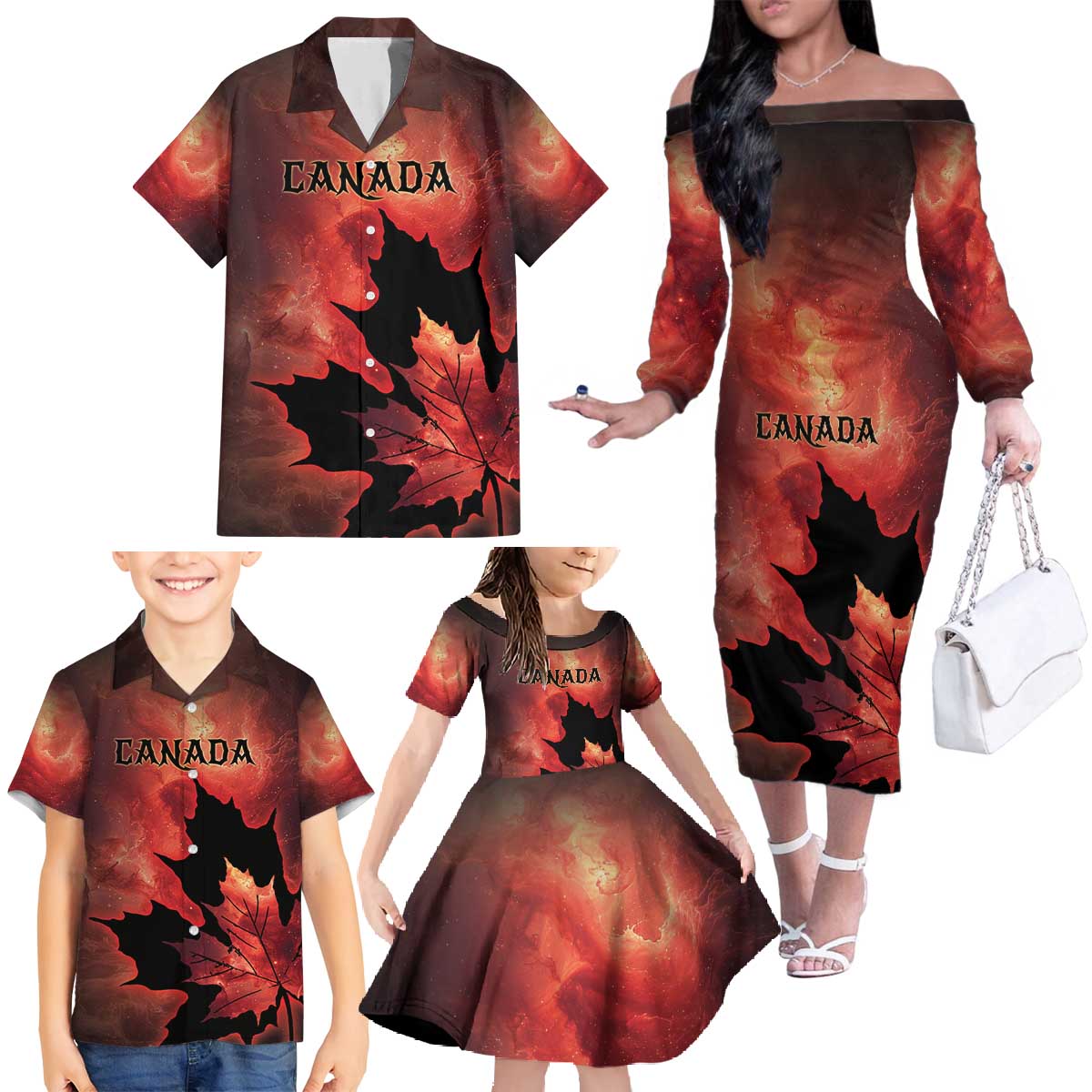 Personalized Canada Maple Leaf Family Matching Off The Shoulder Long Sleeve Dress and Hawaiian Shirt Red Galaxy Style - Wonder Print Shop