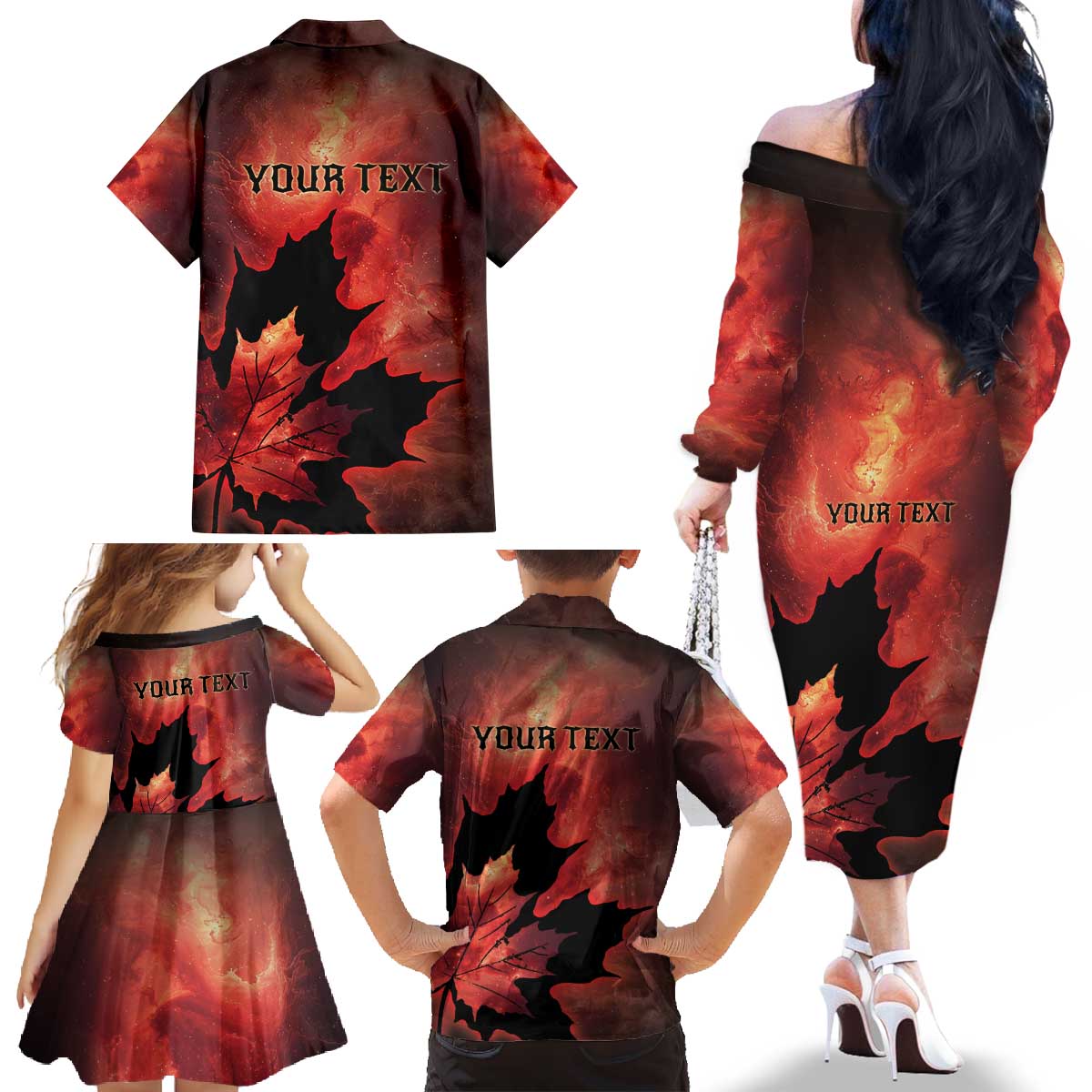 Personalized Canada Maple Leaf Family Matching Off The Shoulder Long Sleeve Dress and Hawaiian Shirt Red Galaxy Style - Wonder Print Shop