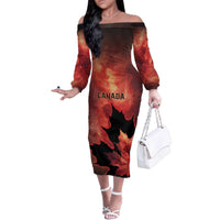 Personalized Canada Maple Leaf Family Matching Off The Shoulder Long Sleeve Dress and Hawaiian Shirt Red Galaxy Style - Wonder Print Shop