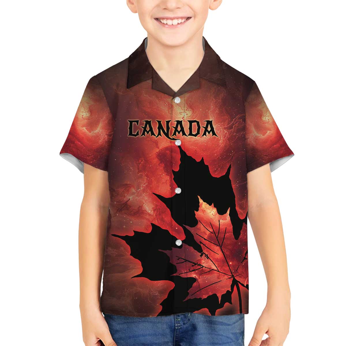 Personalized Canada Maple Leaf Family Matching Off The Shoulder Long Sleeve Dress and Hawaiian Shirt Red Galaxy Style - Wonder Print Shop