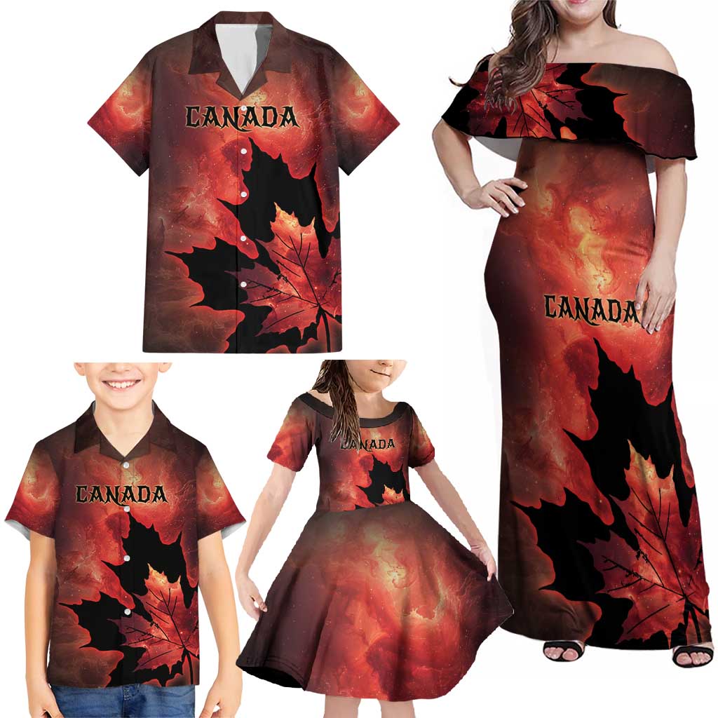 Personalized Canada Maple Leaf Family Matching Off Shoulder Maxi Dress and Hawaiian Shirt Red Galaxy Style - Wonder Print Shop