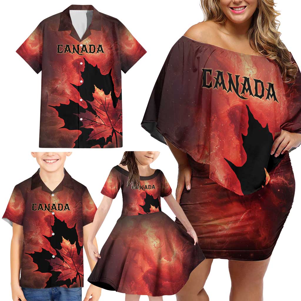Personalized Canada Maple Leaf Family Matching Off Shoulder Short Dress and Hawaiian Shirt Red Galaxy Style - Wonder Print Shop