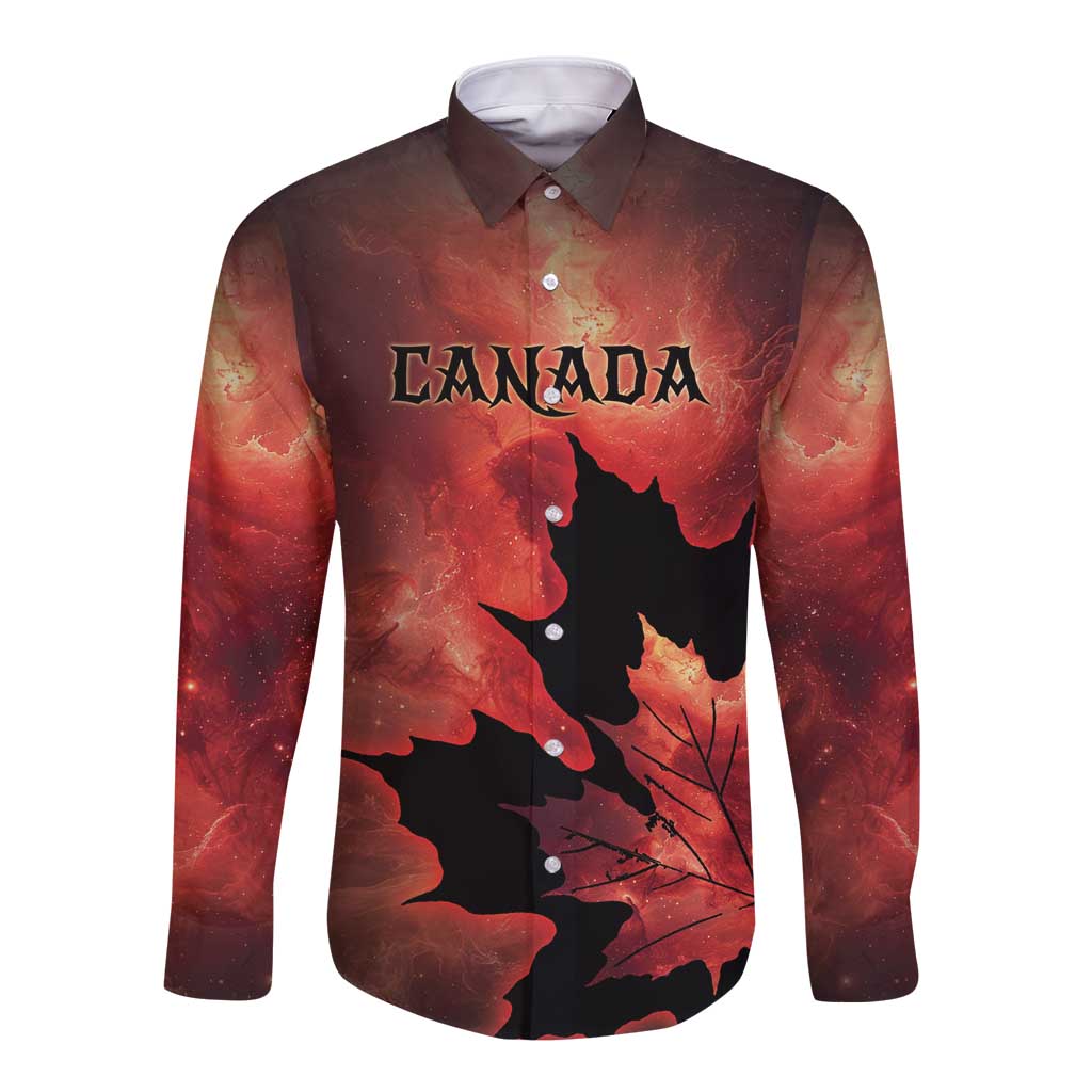 Personalized Canada Maple Leaf Long Sleeve Button Shirt Red Galaxy Style - Wonder Print Shop