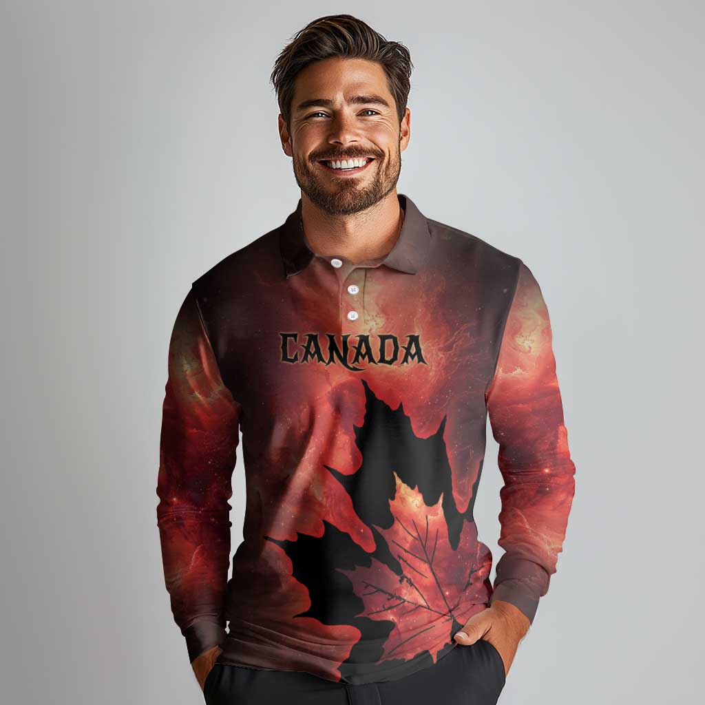 Personalized Canada Maple Leaf Long Sleeve Polo Shirt Red Galaxy Style - Wonder Print Shop