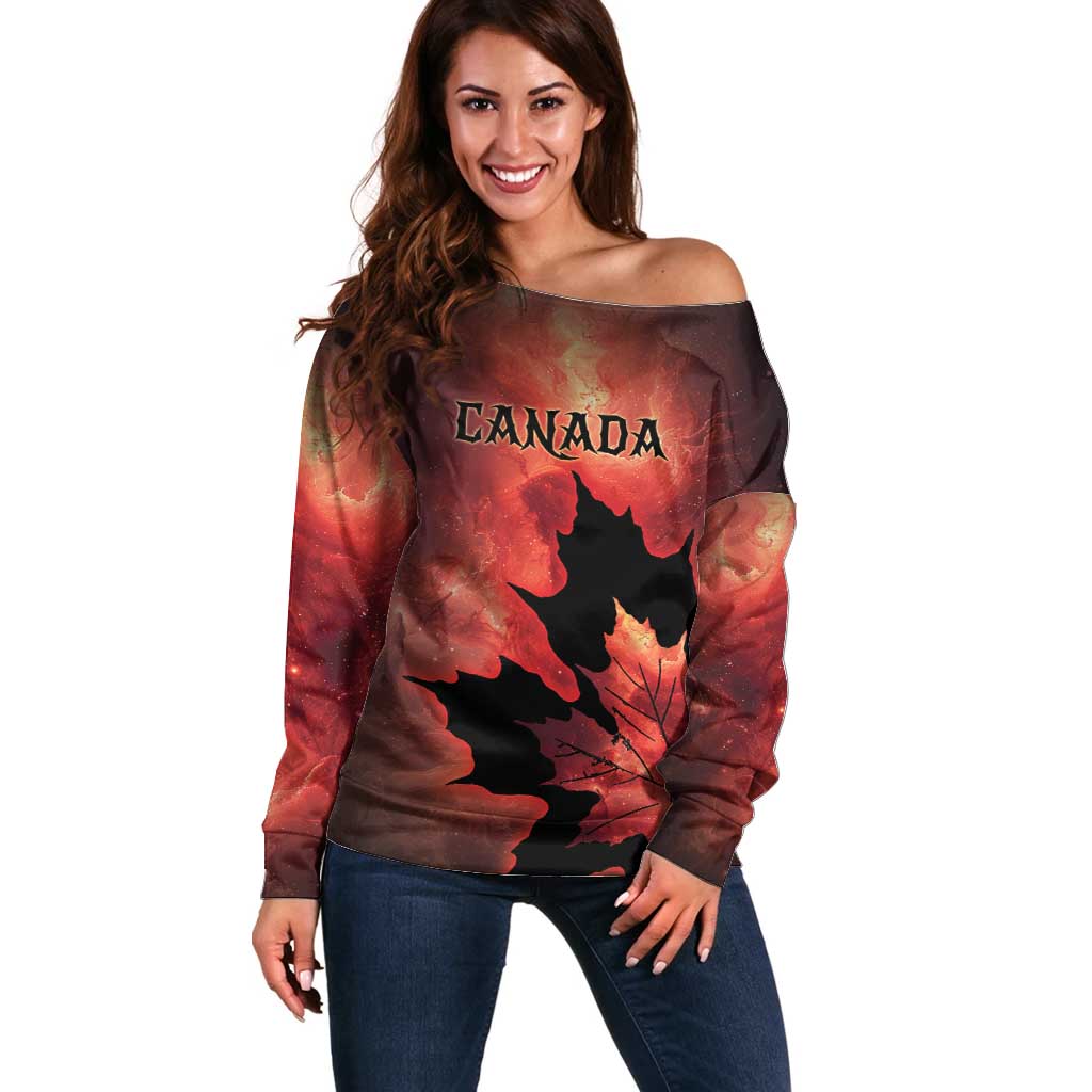 Personalized Canada Maple Leaf Off Shoulder Sweater Red Galaxy Style - Wonder Print Shop