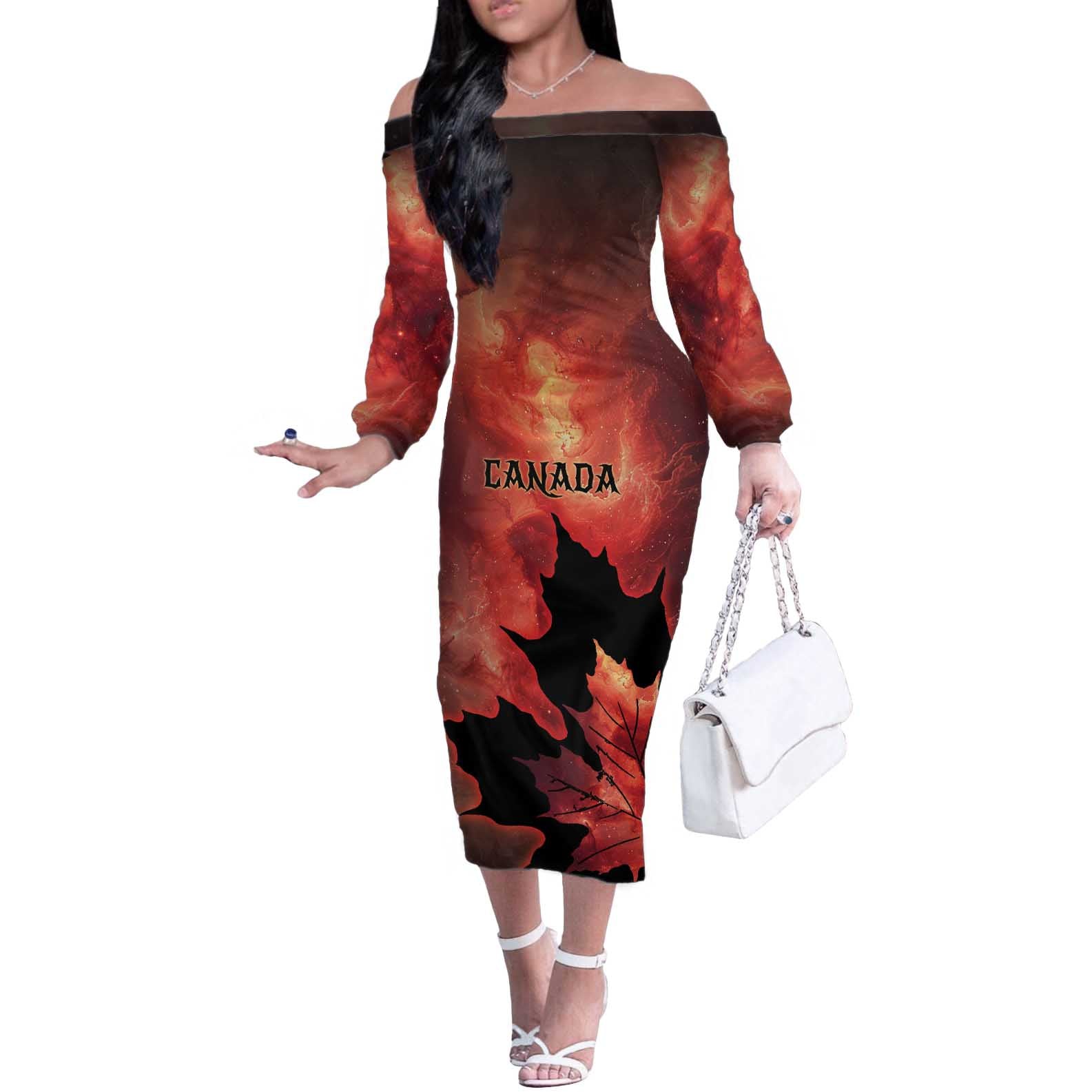 Personalized Canada Maple Leaf Off The Shoulder Long Sleeve Dress Red Galaxy Style - Wonder Print Shop