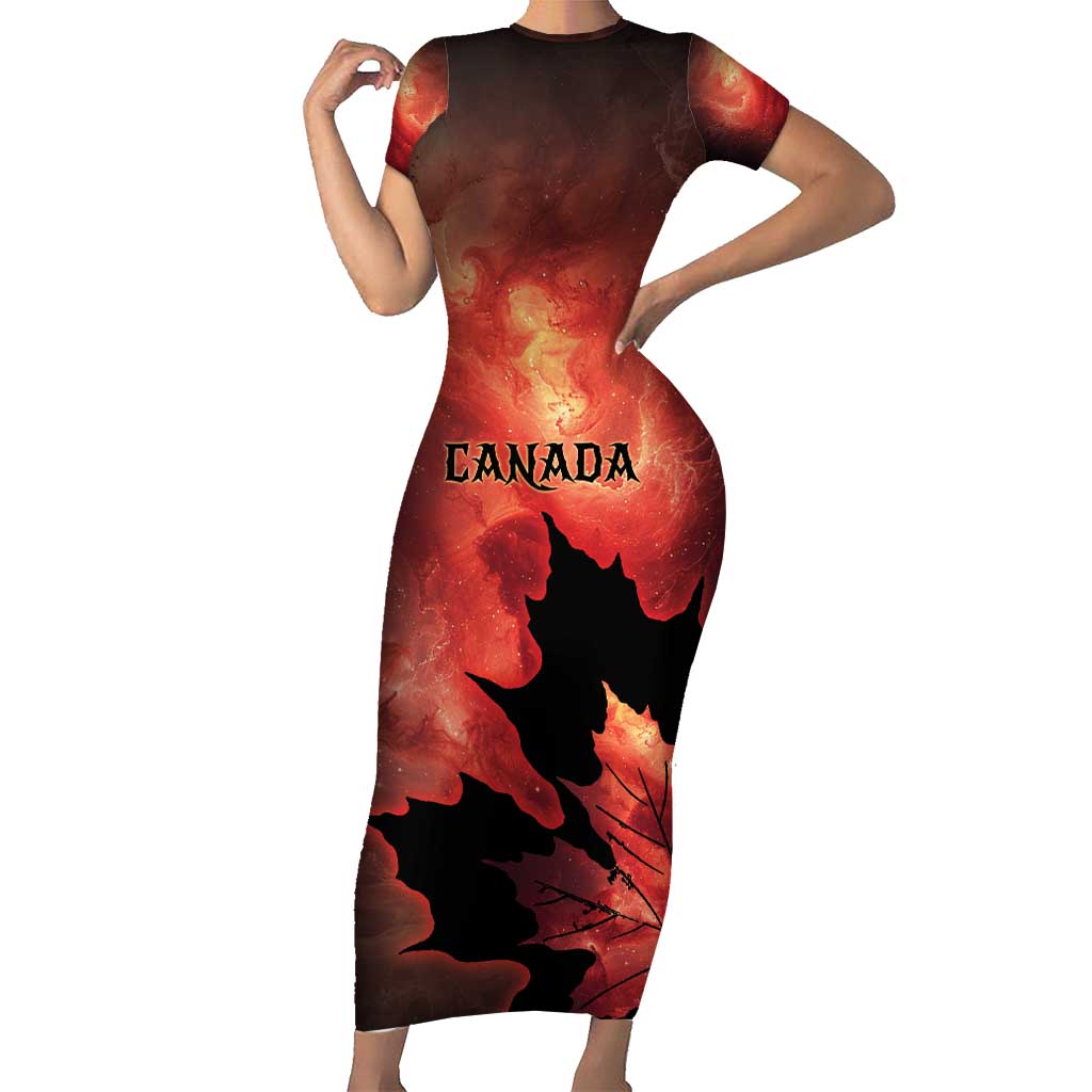 Personalized Canada Maple Leaf Short Sleeve Bodycon Dress Red Galaxy Style - Wonder Print Shop