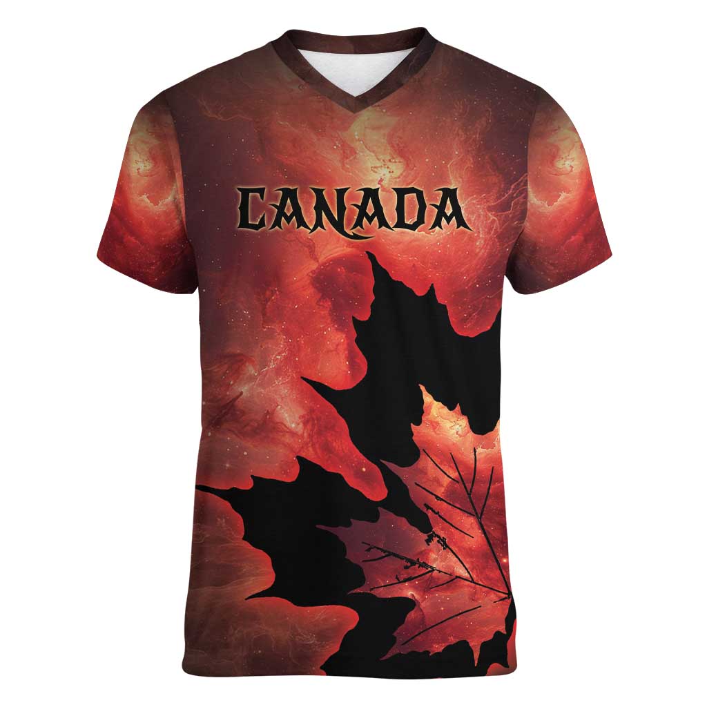 Personalized Canada Maple Leaf Women V-Neck T-Shirt Red Galaxy Style - Wonder Print Shop