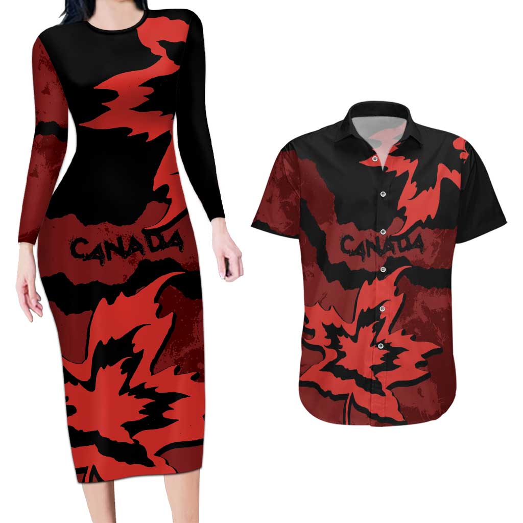 Canada Maple Leaf Couples Matching Long Sleeve Bodycon Dress and Hawaiian Shirt Unique Style Red Version - Wonder Print Shop