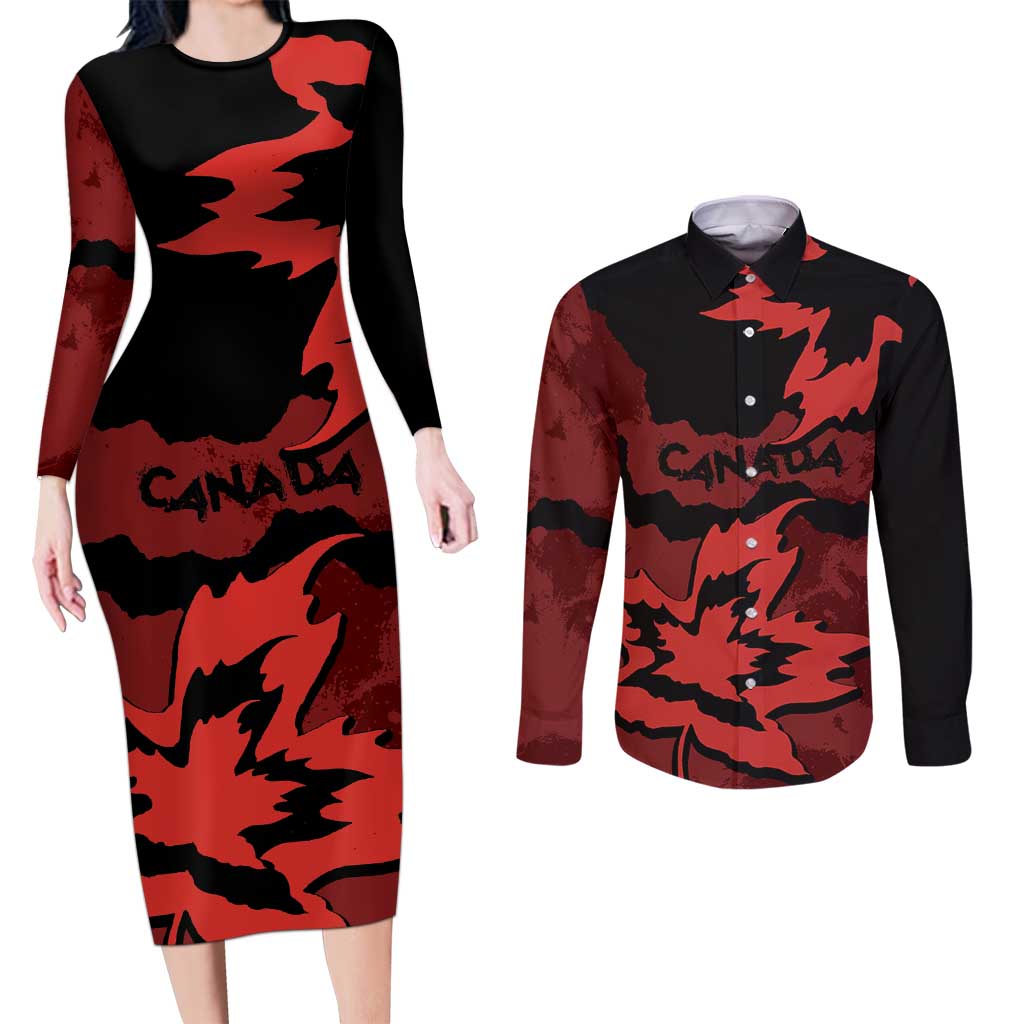 Canada Maple Leaf Couples Matching Long Sleeve Bodycon Dress and Long Sleeve Button Shirt Unique Style Red Version - Wonder Print Shop